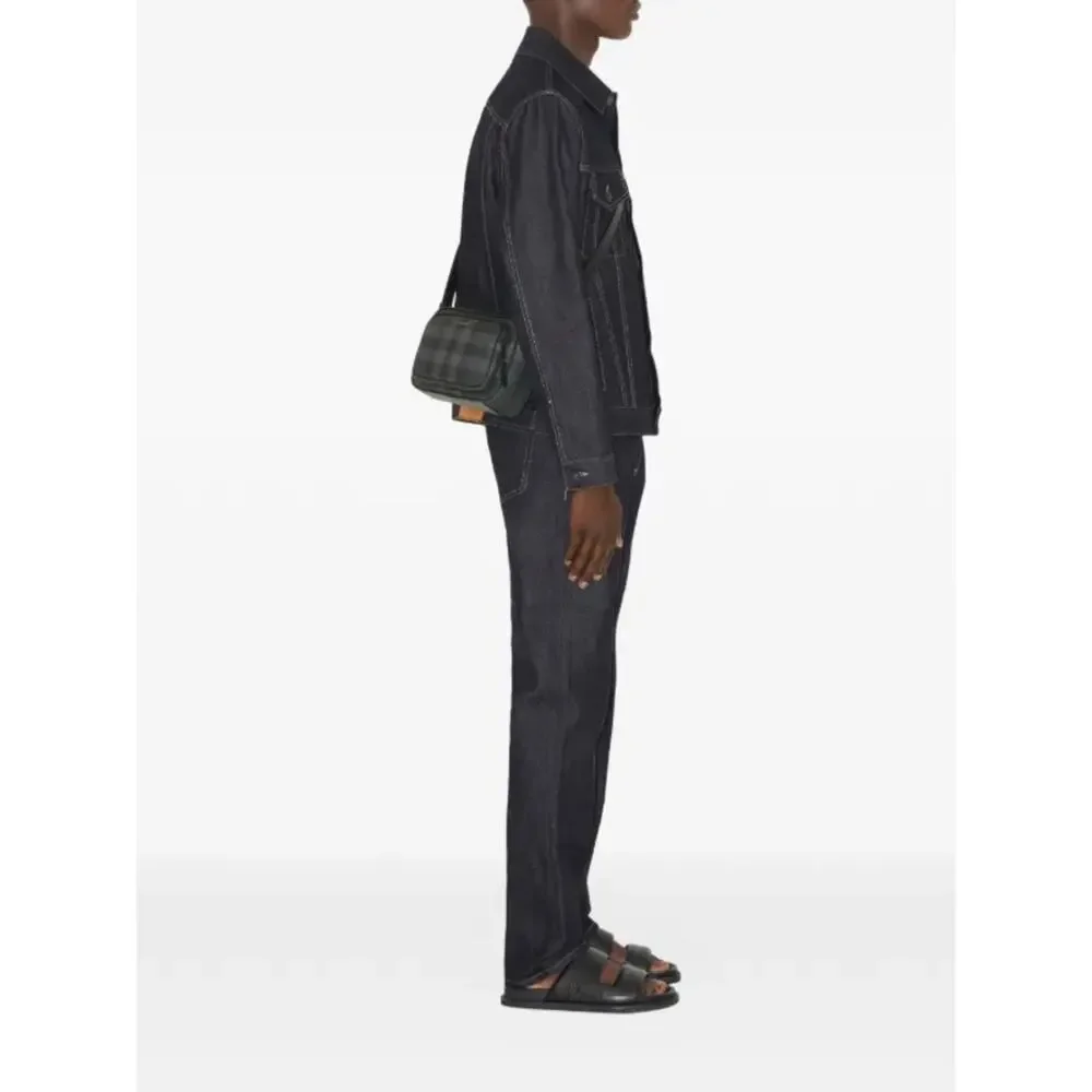 Burberry Black charcoal Check Leather Messenger Bag
